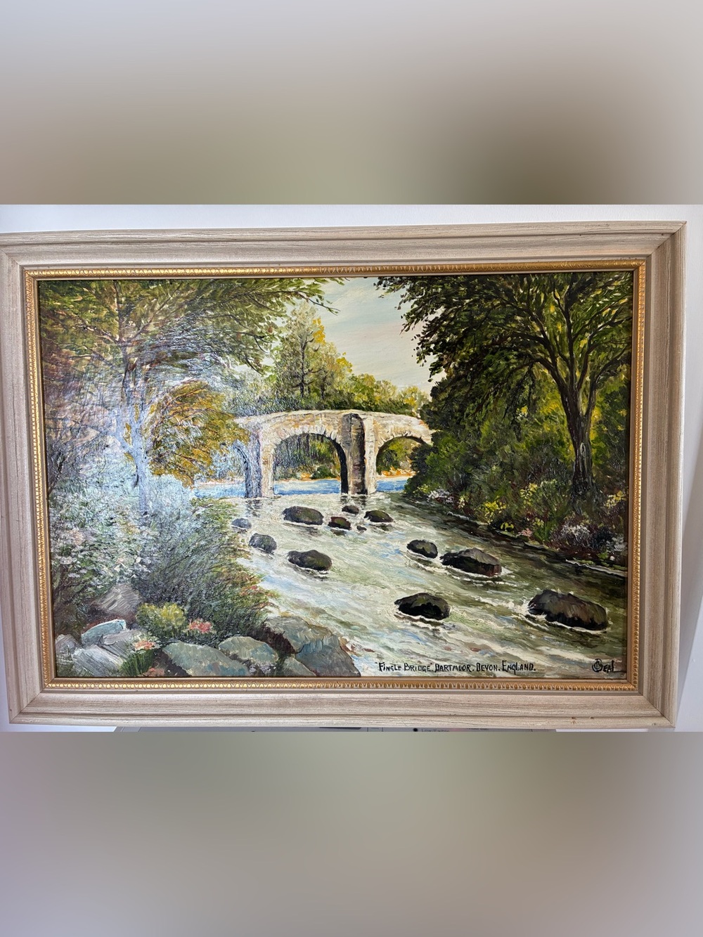 Vintage oil painting of a Bridge  in Devon,  England , artist signed dated 1973